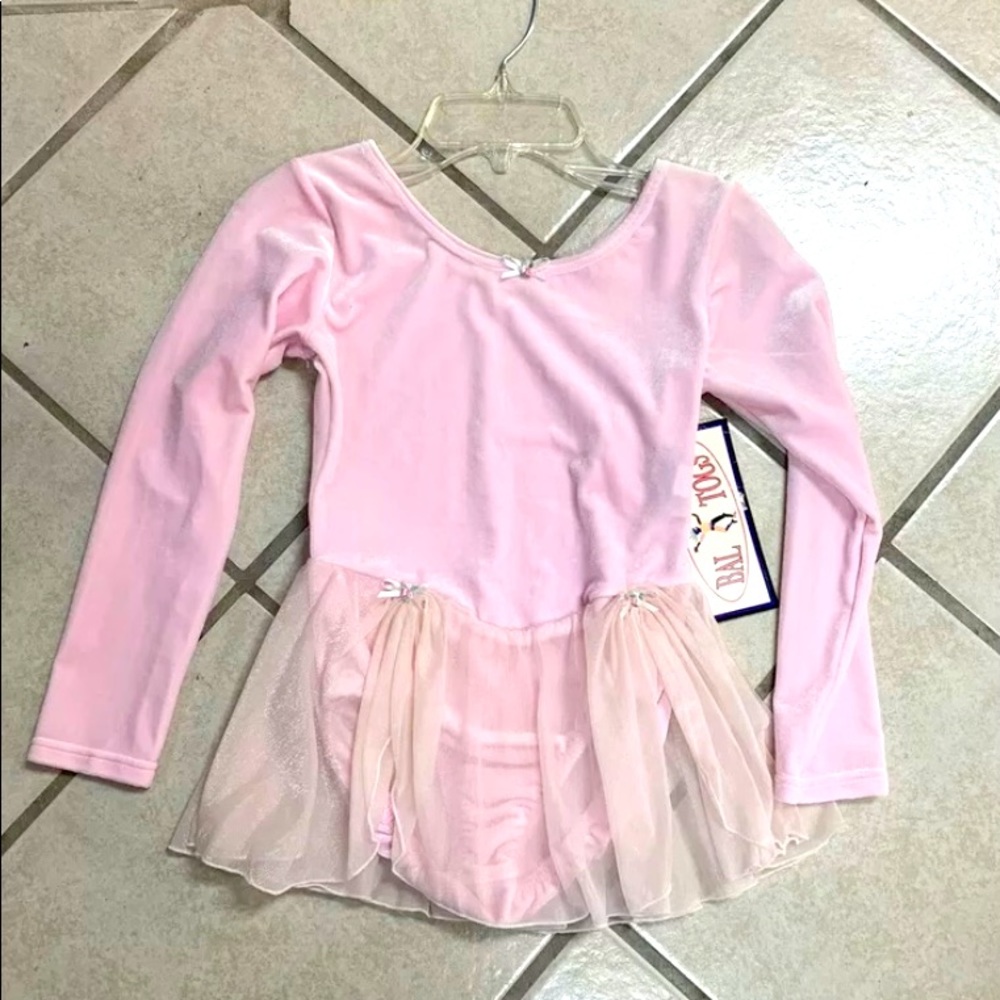 Kids 12/14 Pink Velvet Long Sleeve Dance Dress bodysuit Leotard  W/skirt NWT